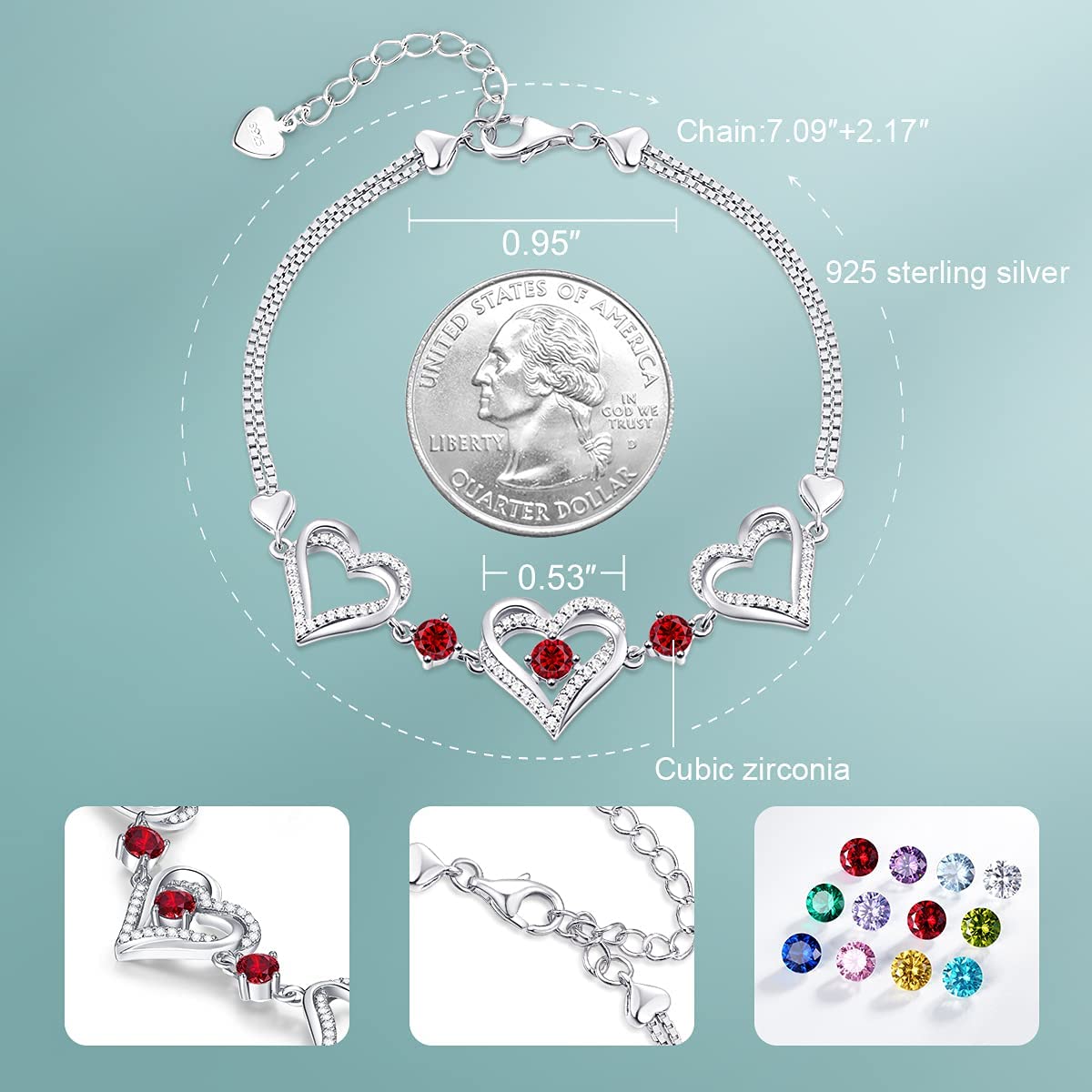 CDE Forever Love Heart Bracelet 925 Sterling Silver with Birthstone Zirconia, Anniversary Mother's Day Birthday Jewelry Gifts for Women Wife Her - Image 5